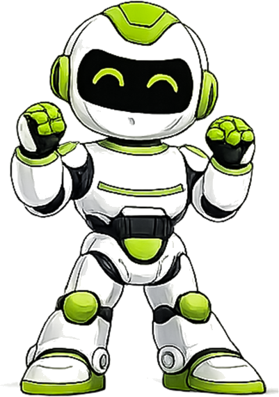 Tyslin happy robot mascot celebrating